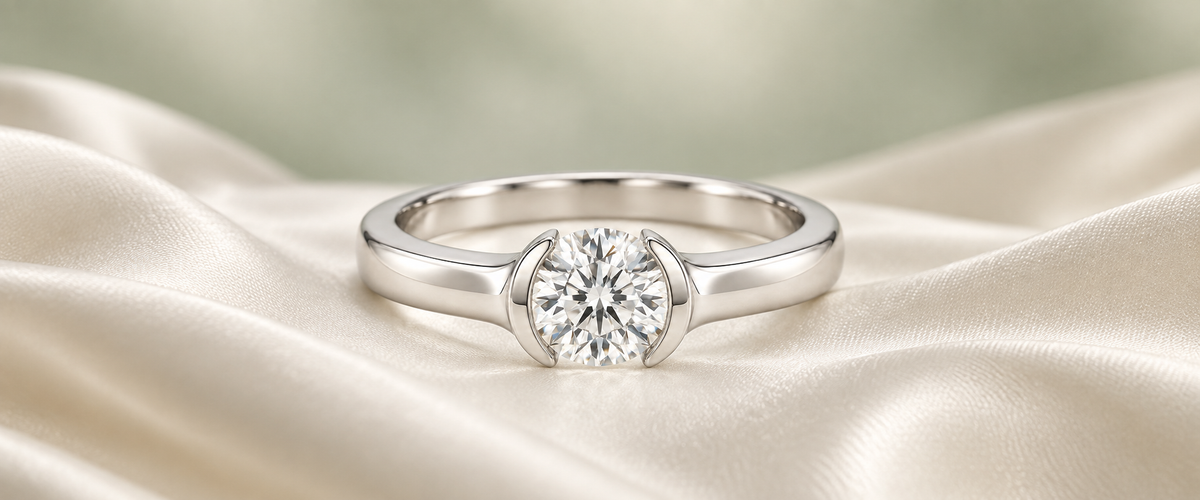 Solenne half-bezel ring on ivory satin